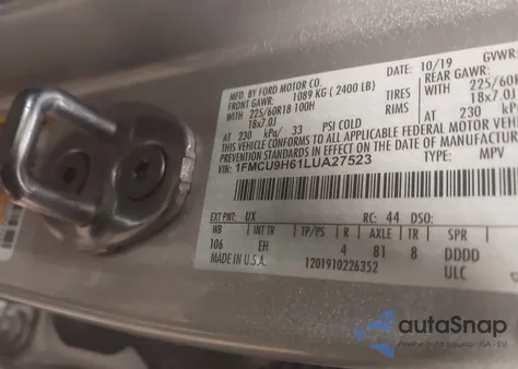 2020 Ford Escape Sel из США, поврежденный, VIN 1FMCU9H61LUA27523